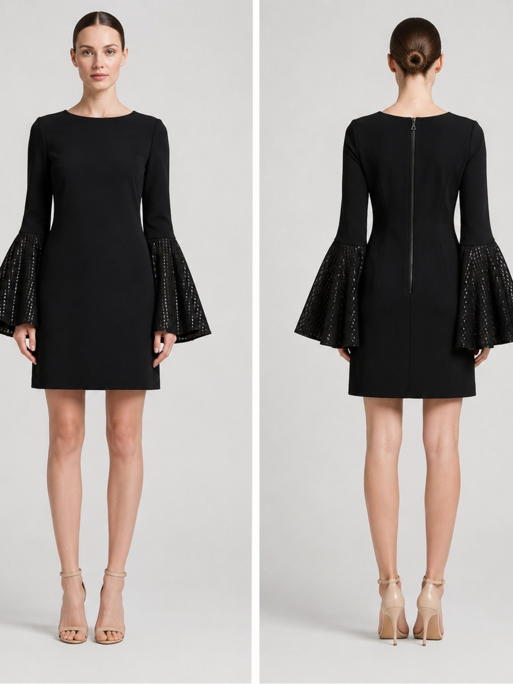 Haney Black Bell Sleeve Shift Dress Size 6 Textured Flare Cuff Cocktail Mini